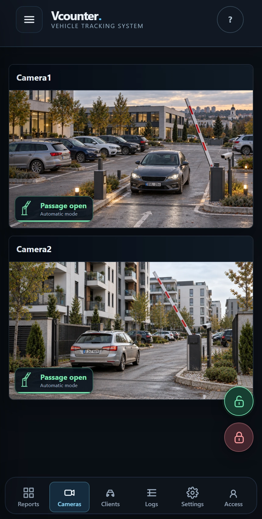 Vcounter mobile interface showing cameras and open and close passage buttons
